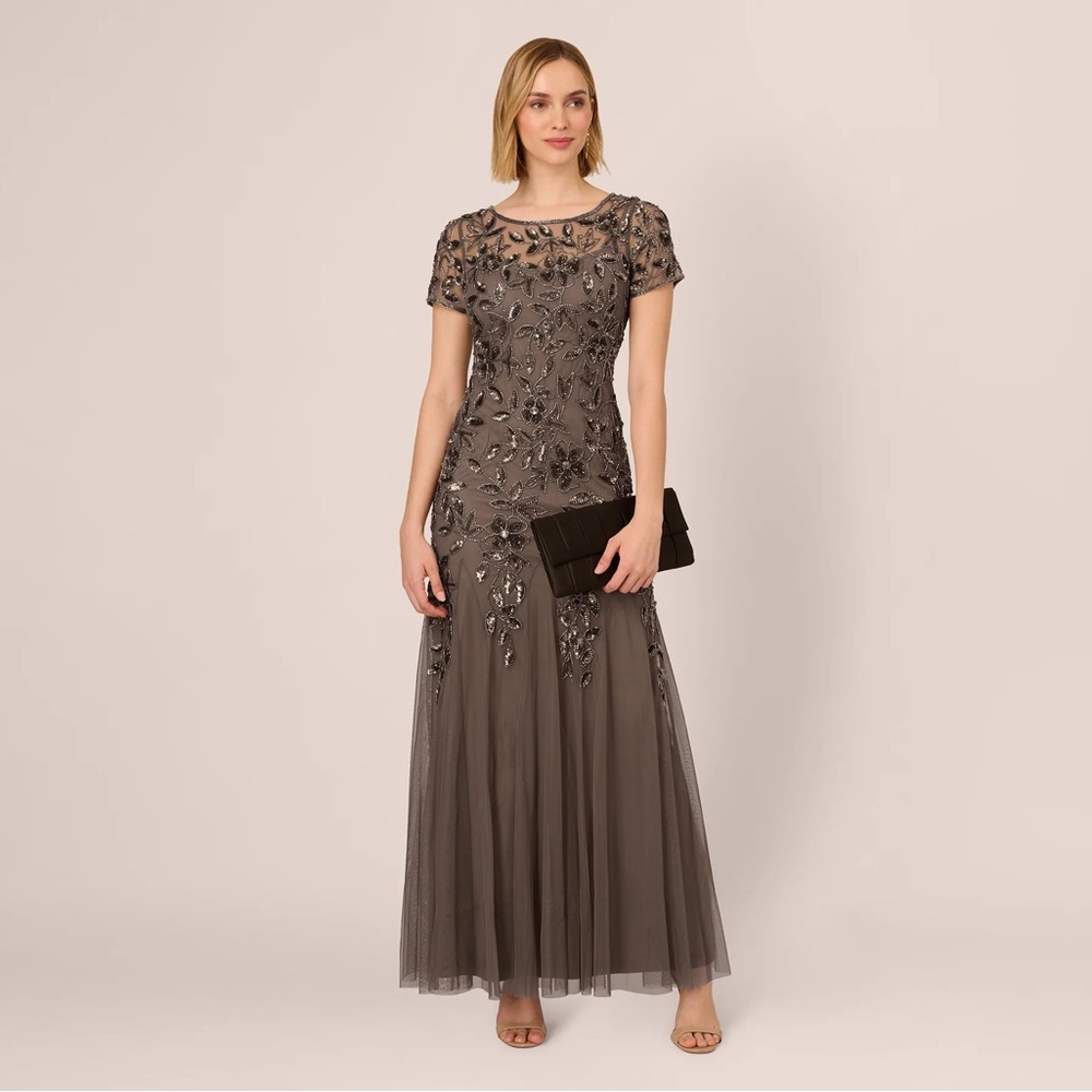 Adrianna Papell Taupe Charcoal Beaded Gown Size 0 NWT Formal MOB MOG GALA Dress